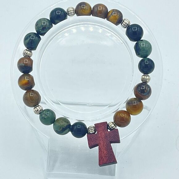 Crystal beaded stretch bracelet ONE NEW yellow tiger eye kambaba jasper cross re - Picture 8 of 8
